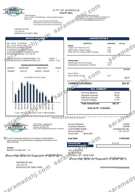 USA City of Missoula business utility bill template in Word and PDF formats
